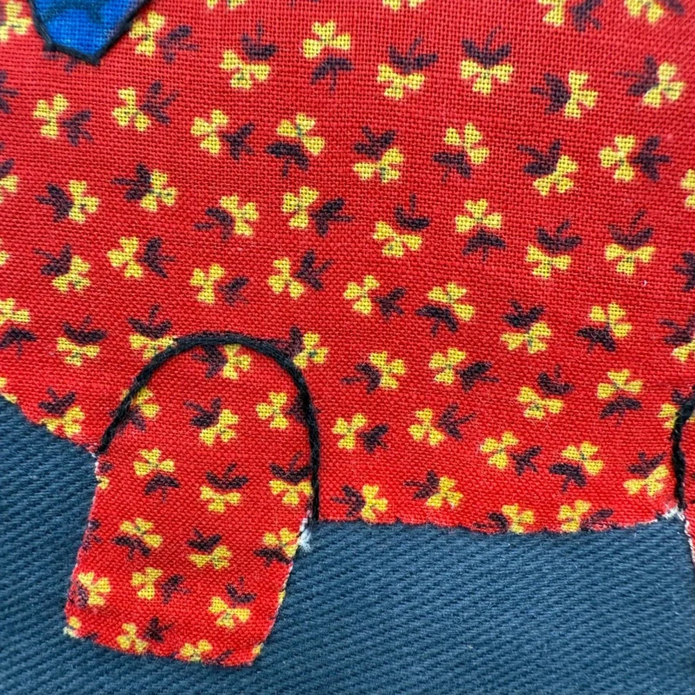 Vintage Handmade Pig Applique Throw Pillow Cottage Farmhouse Red Floral Denim